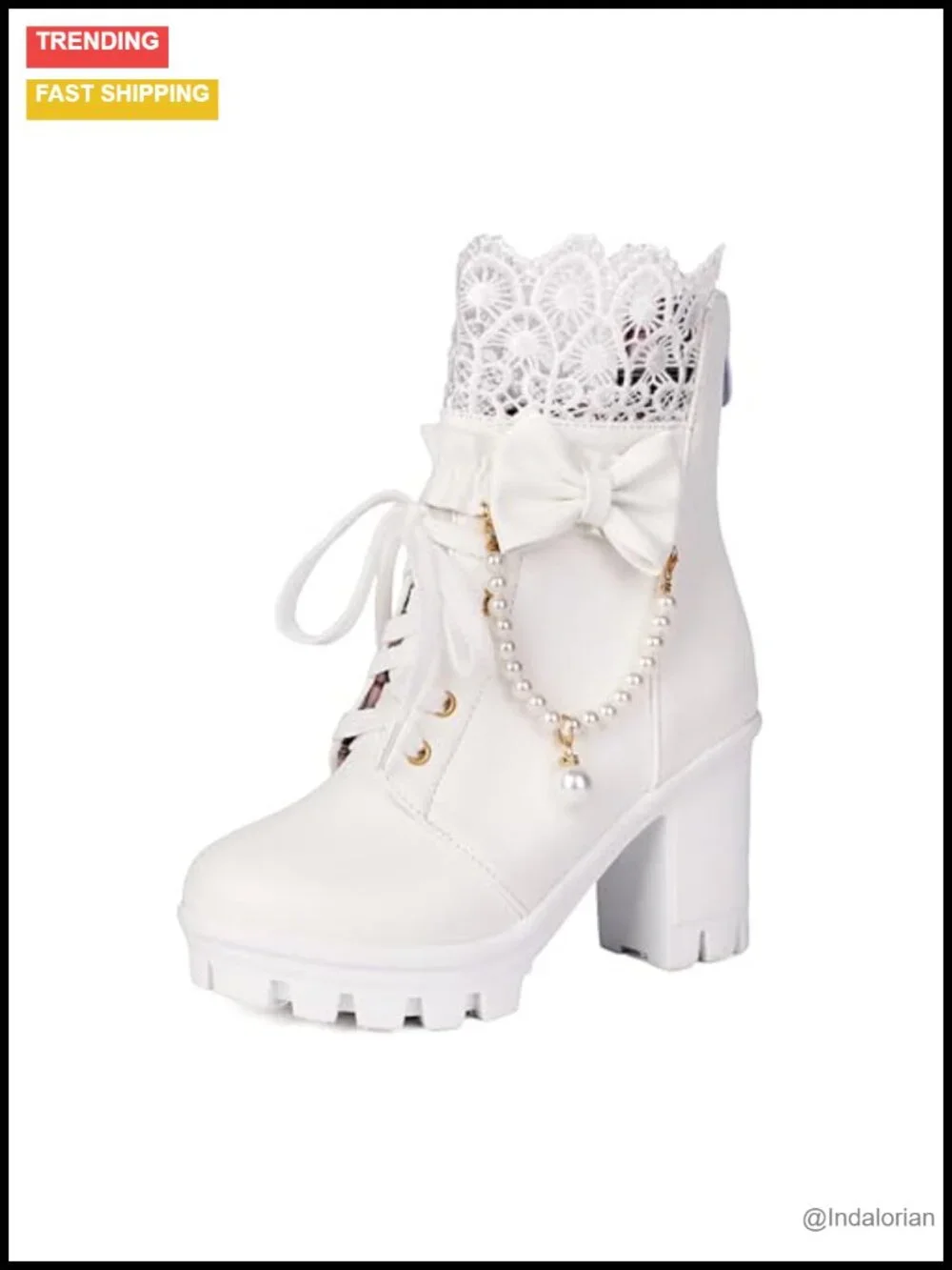 Women's Lace-Up Platform Ankle Boots Goth Chunky Heel Faux Leather Pearl Chain